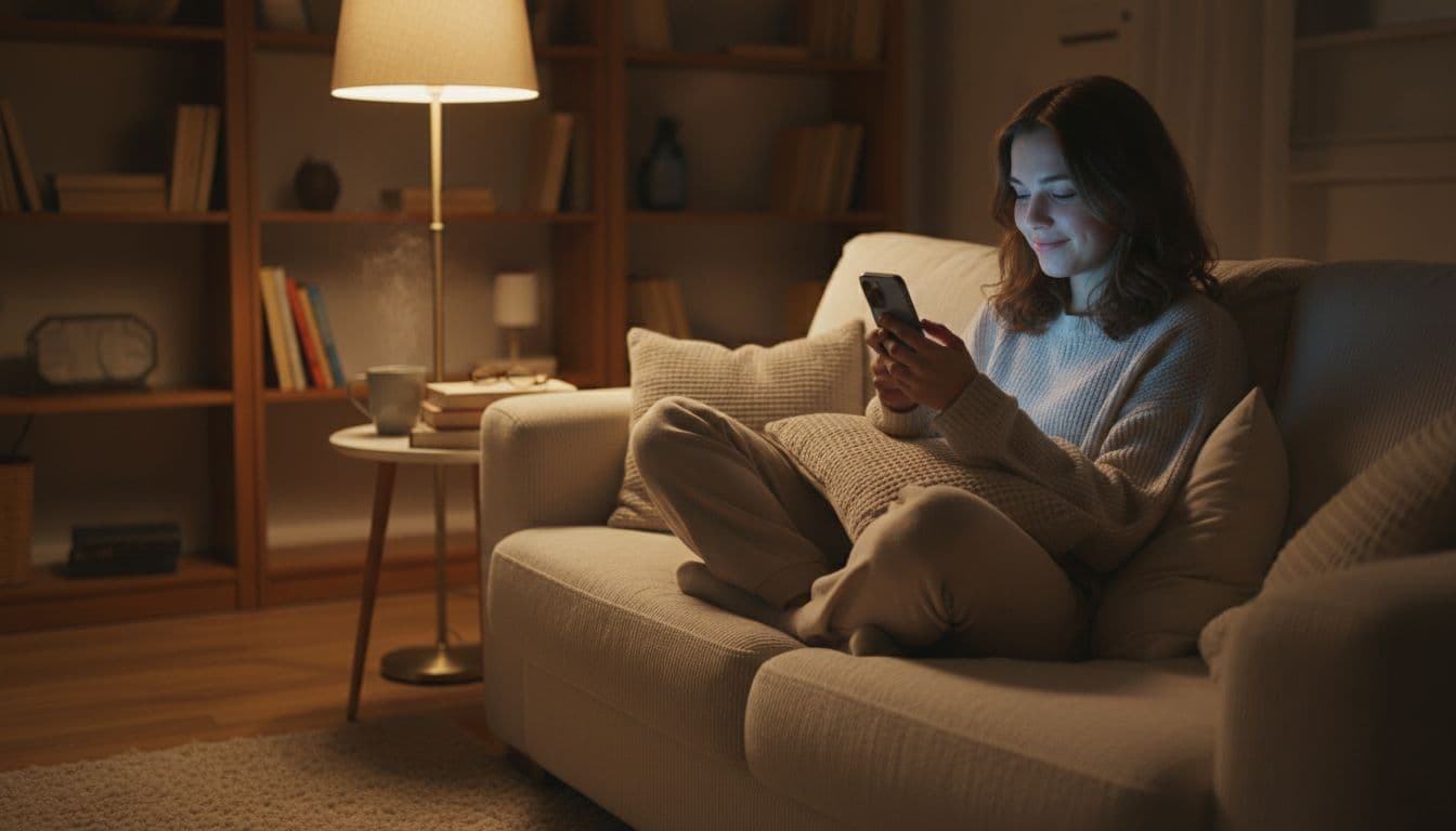 A young adult sits comfortably on a soft couch in a cozy living room during evening, face lit by smartphone glow, smiling faintly as if in deep conversation, with blurred bookshelves and tea mug in background.