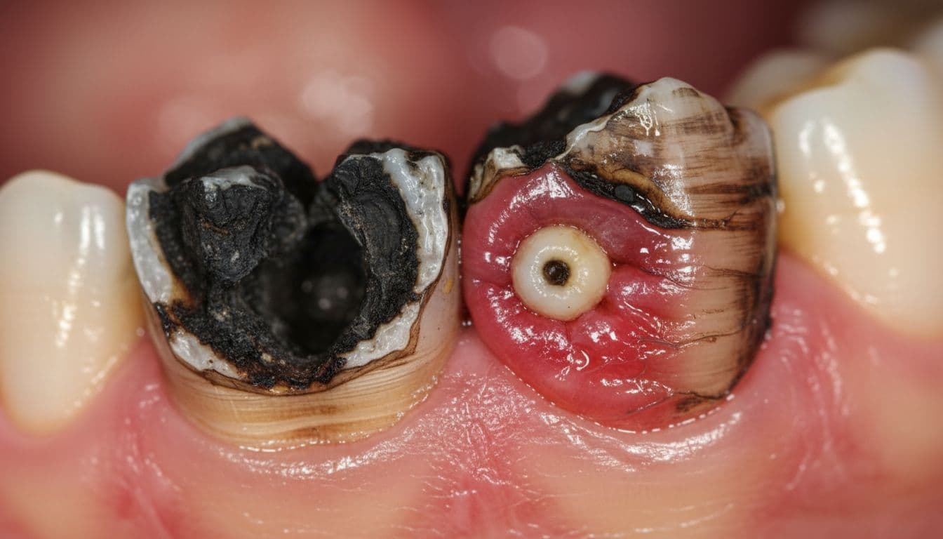 Severely decayed tooth with broken edges and a pimple-like gum bump nearby