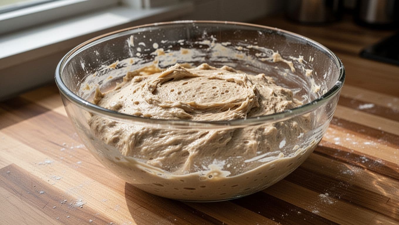 Close-up realistic photograph of wet, sticky, shaggy sourdough dough in a clear glass bowl on a wooden kitchen counter right after mixing, during early bulk fermentation. The slack dough spreads flat like a thick puddle with a lumpy, uneven surface, captured in soft natural light with high detail on texture.