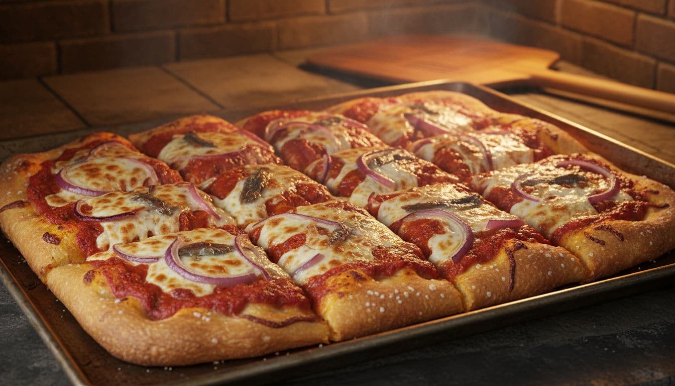 Golden Sicilian-style sheet pan pizza cut into squares