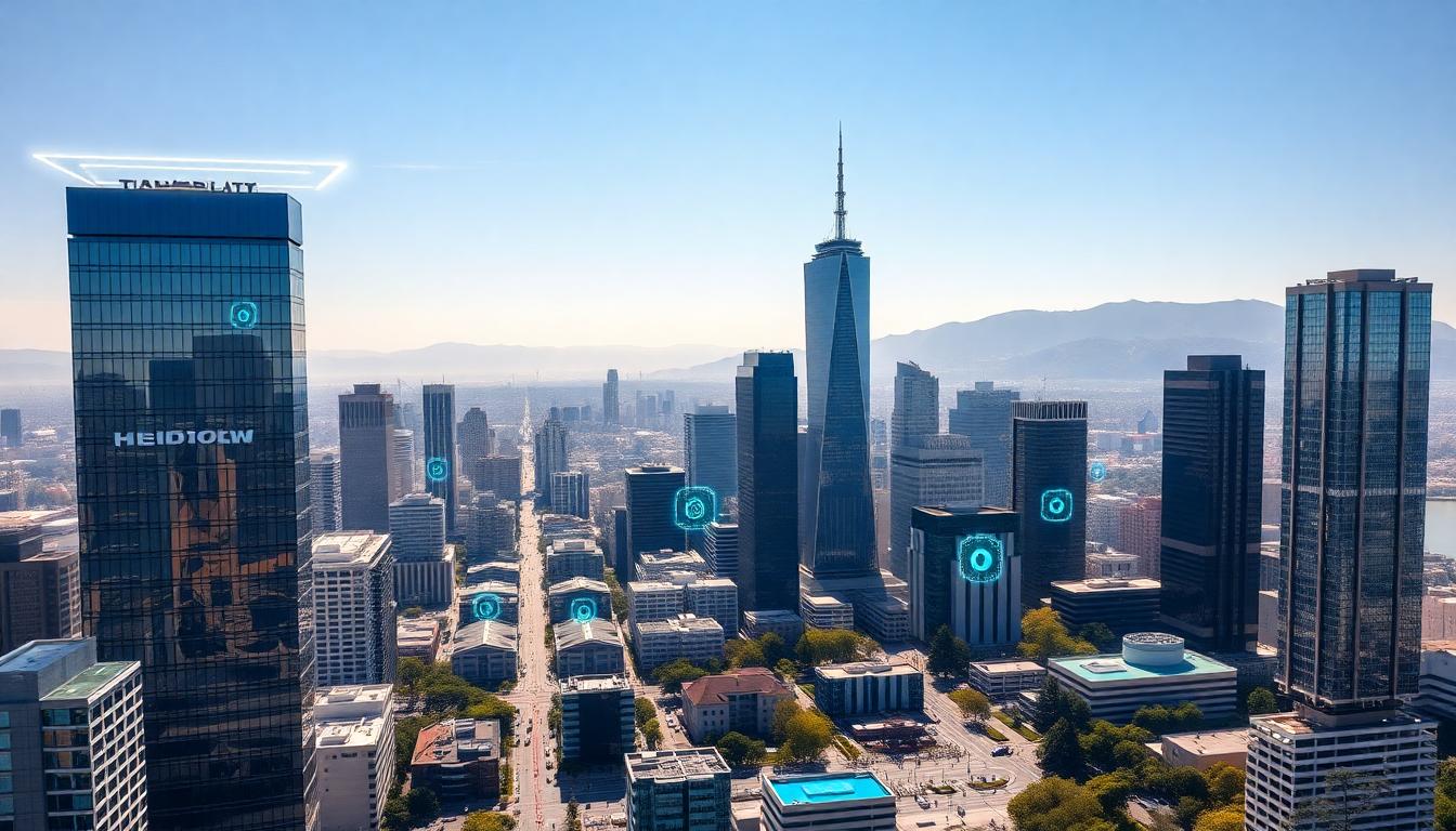 Which Countries Have AI in 2025? (Top Places Powering Smart Tech Worldwide) Silicon Valley skyline with glass towers, holographic AI models, and chip icons under a sunny sky. Ultra-realistic, created with iPhone 17 Pro.