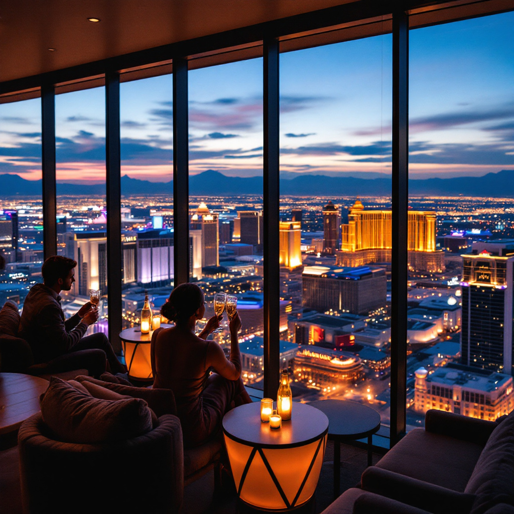Ultra realistic interior and skyline view of Skyhigh Lounge high above the Las Vegas Strip at dusk. Plush lounge seating, people savoring cocktails, city lights twinkling through floor-to-ceiling windows, warm amber lighting, reflections on glass. Foreground shows a couple clinking champagne flutes; background features distant casino towers. Mood is relaxed, upscale, a little dreamy. Image created with AI.