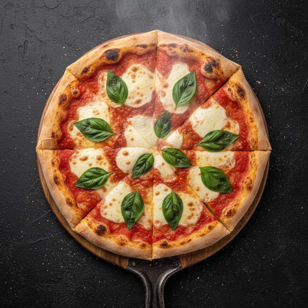 Classic Margherita pizza sliced on a wooden peel