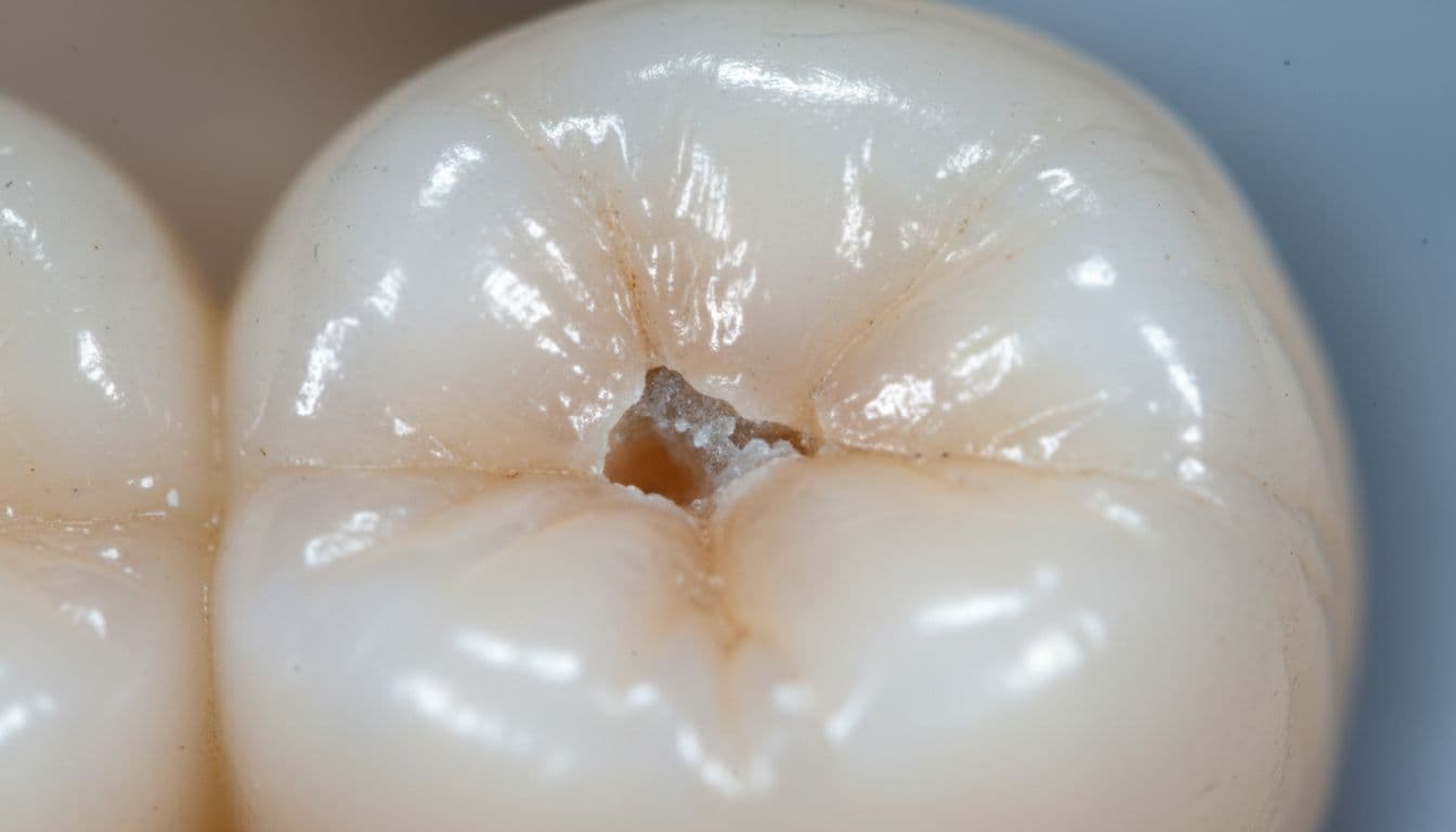 Small cavity as a tiny pit in the chewing grooves of a back tooth