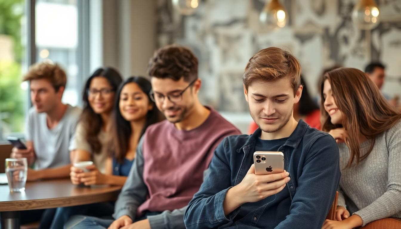 A young adult sitting apart at a cafe, looking down while others chat in the background