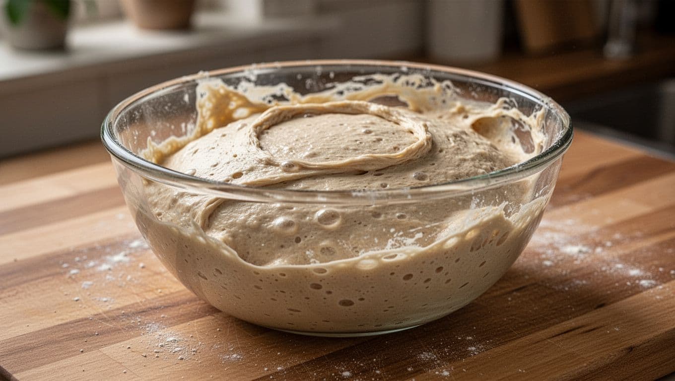 Photorealistic image of medium-hydration sourdough dough in a glass bowl after stretch and folds, showing smooth surface, small bubbles, elastic edges, rounded shape on wooden surface in home kitchen with warm ambient lighting. High detail on texture from shaggy to smooth, tacky but not sticky, exactly one bowl, no people or extra objects.