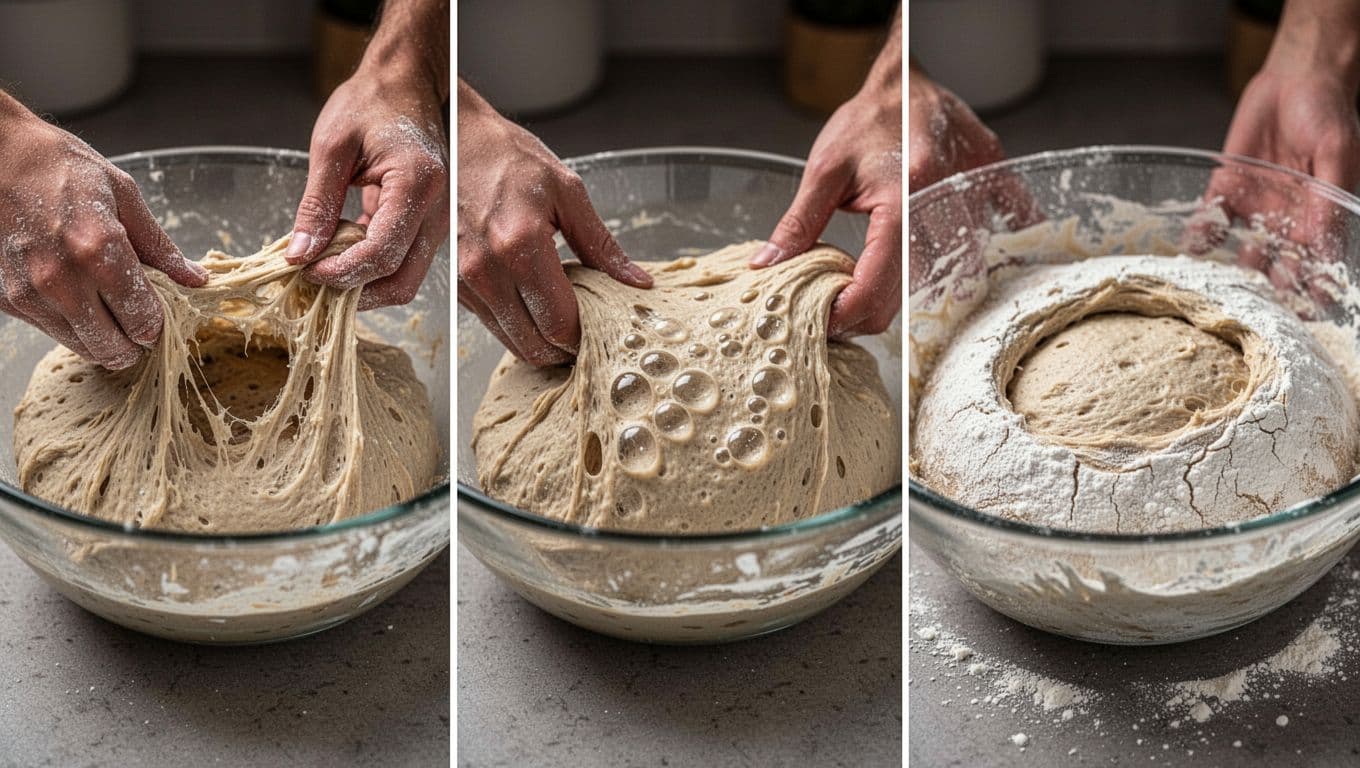 Realistic close-up tri-panel image showing sourdough folding mistakes: left panel dry hands tearing dough by pulling too hard, center crushed bubbles from late fold, right stiff dough from excess flour, all in glass bowls on counter with detailed textures under soft kitchen light.