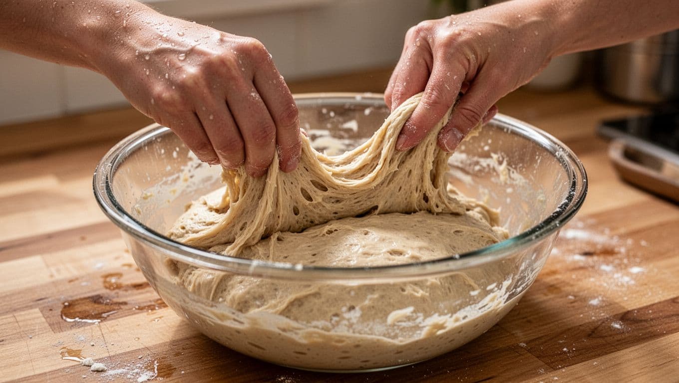 Realistic photograph of two clean wet hands performing a gentle stretch and fold on sticky shaggy sourdough dough in a clear glass bowl on a wooden kitchen counter during early bulk fermentation.
