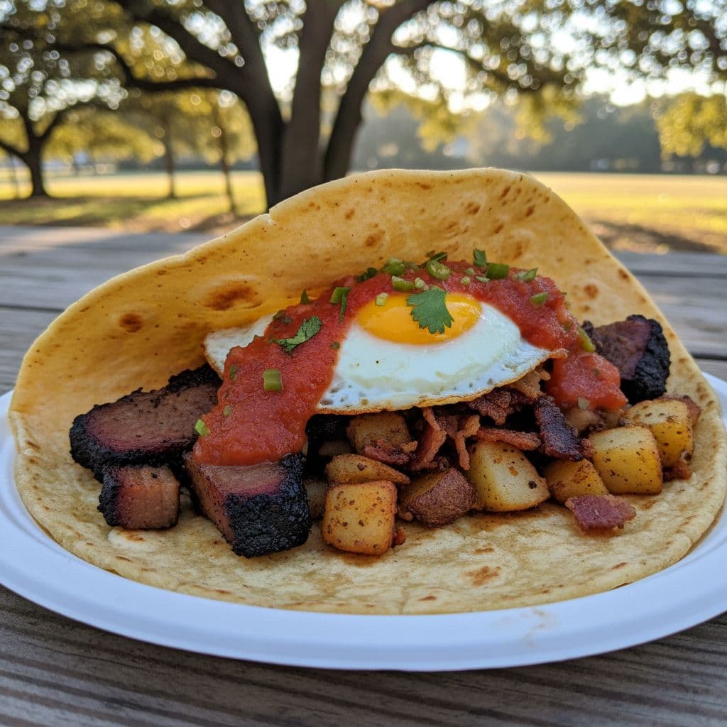Close-up of a large breakfast taco with smoked brisket, fried egg, potatoes, refried beans, and bacon on a soft flour tortilla with bright red tomato-serrano salsa. Image created with AI.