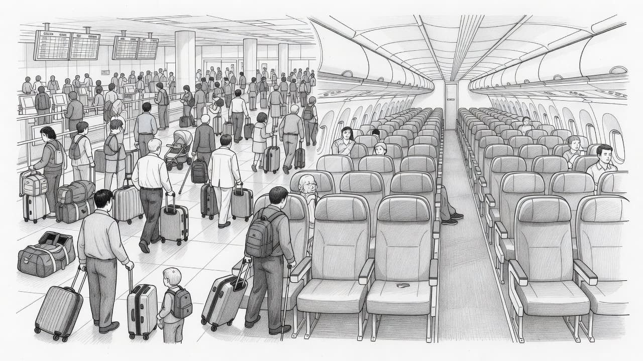 A graphite drawing shows a split composition between a bustling, crowded airport terminal filled with travelers and suitcases on the left and a calm, spacious airplane cabin interior on the right.