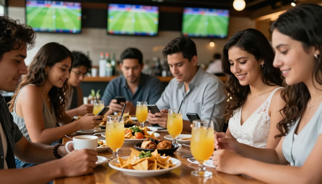 Close-up of a diverse group in casual wedding guest attire at a sports bar table with mimosas, coffee, and nachos, checking phones for daytime FIFA match scores. Sunlight filters through windows onto a relaxed scene with blurred soccer screens in the background.