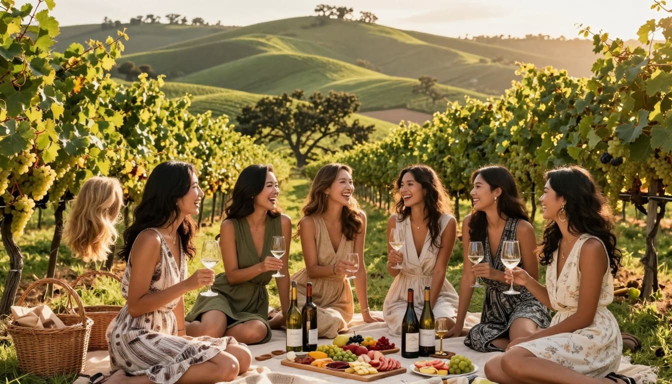 A group of stylish women in summer dresses laughing together in a lush Napa Valley vineyard at golden hour, with a luxury picnic setup nearby.