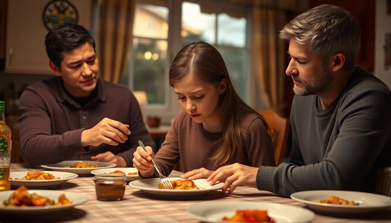 A teen at the dinner table pushing food around as a parent reaches out with care