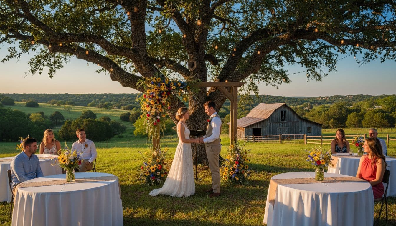 Outdoor Hill Country wedding under a live oak with string lights at sunset, rustic barn in the distance, simple white linens and mason jar centerpieces. Image created with AI.
