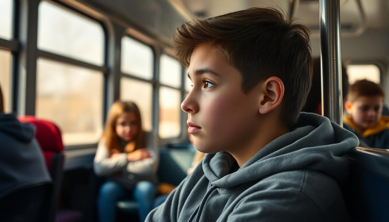 A teen on a school bus seat with a faint bruise on their cheek, looking out the window while other kids chat in the background