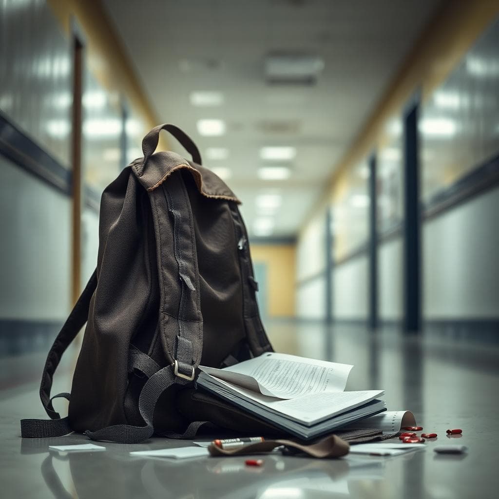 A child’s torn backpack on a school hallway floor with scattered papers and frayed straps