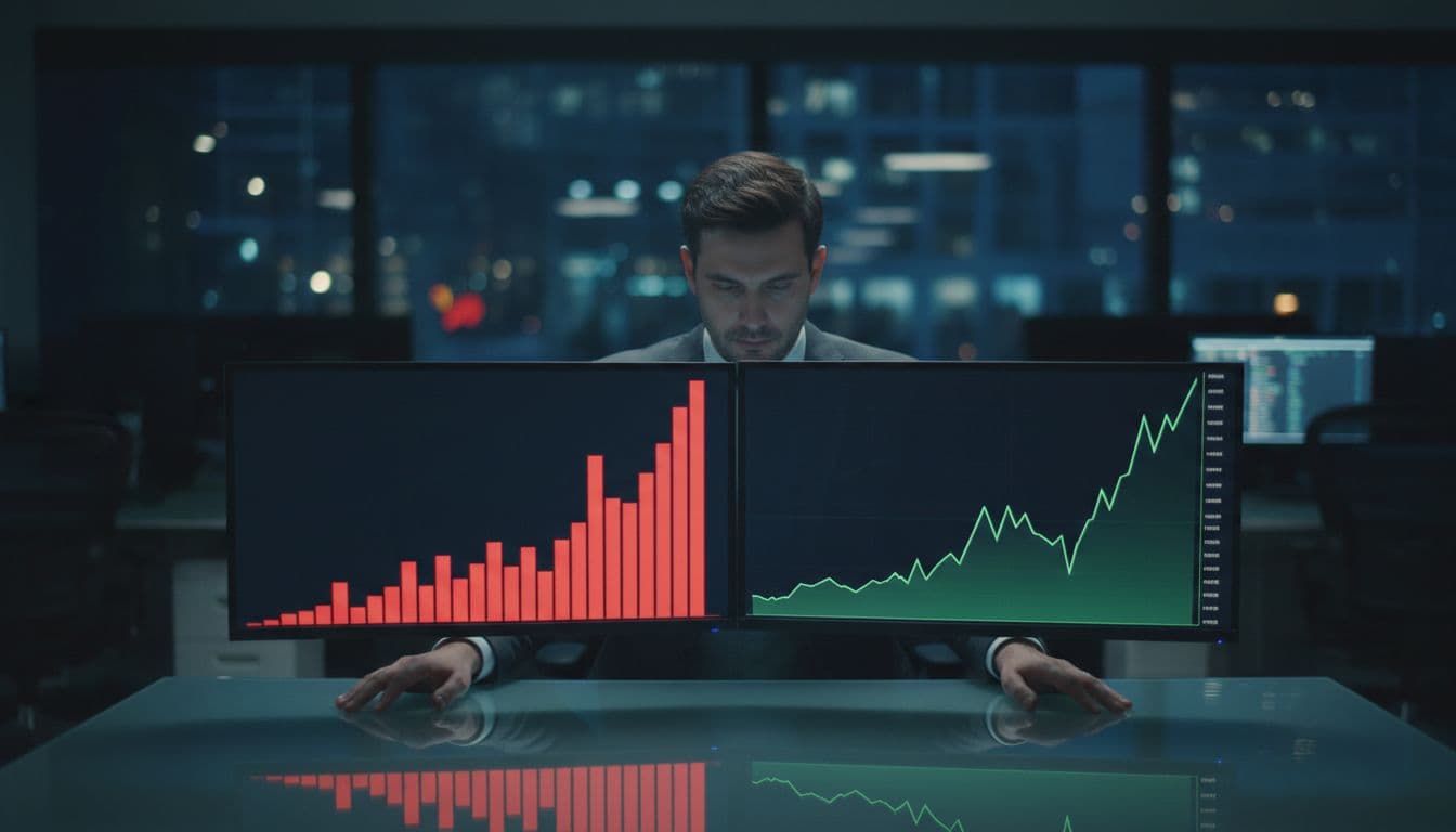 Trader at desk examines dual screens: left with rising red short interest bars, right with green surging stock price line.