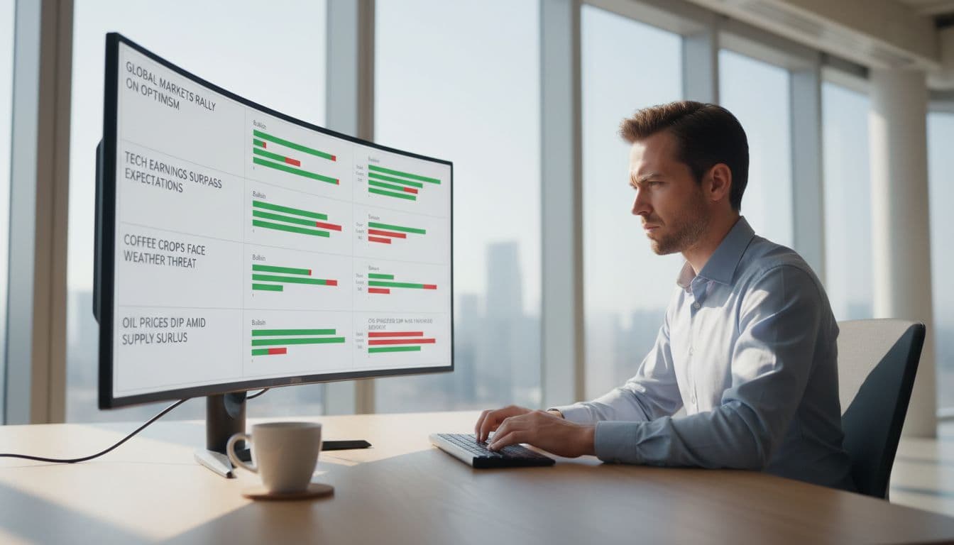 Trader at modern desk views screen with news headlines and green-red sentiment bars, coffee mug nearby.