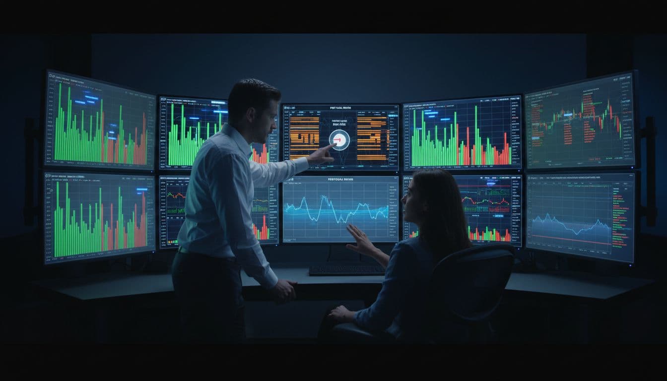 Two traders in dark office discuss colorful options flow charts on multiple screens with green call bars and red puts.