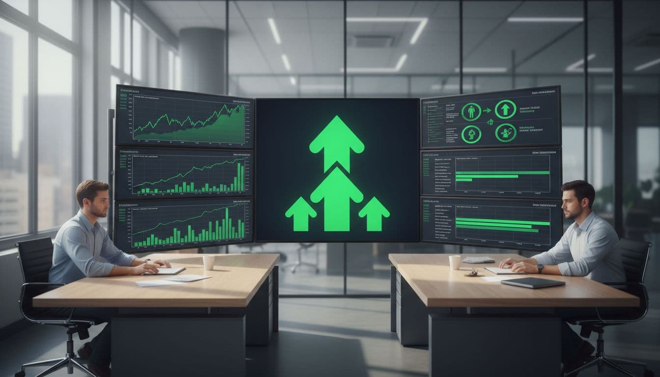 Two analysts at desks in modern office review screens showing green uptrend charts, call volume spikes, insider buys, sentiment bars, and central converging green arrows.