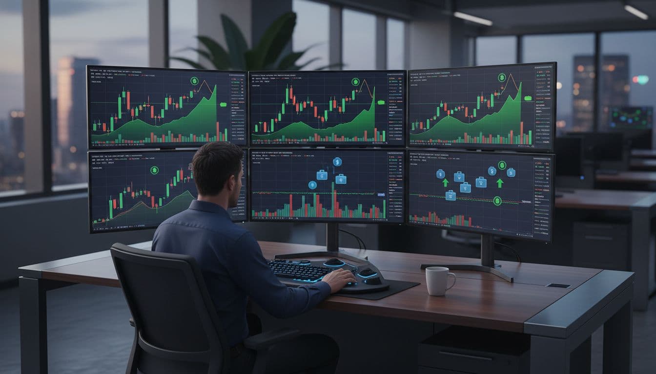 One trader at desk views multiple screens showing stock charts with bullish options spikes and insider buy icons.