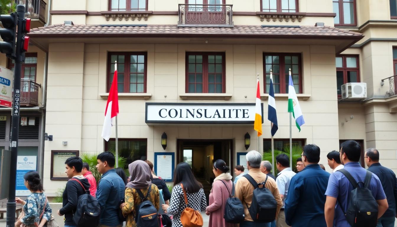 A busy city street with a traditional consulate building, national flags, and a line of visitors waiting outside. Image created with AI.