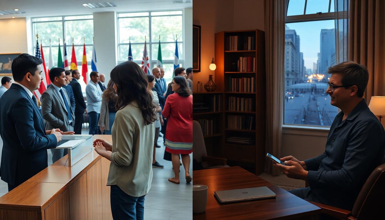 Split view of a person at a consulate window on the left and the same person using a phone app at home on the right. Image created with AI.