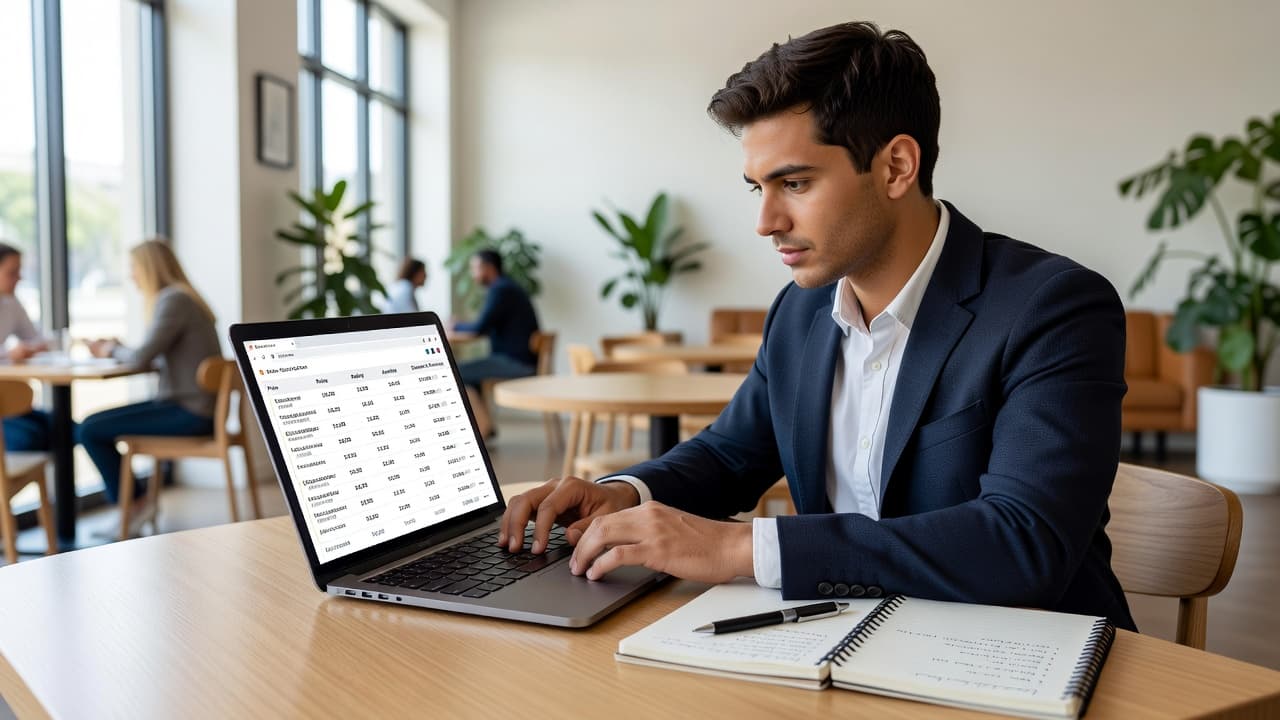 A focused person sits at a sunlit cafe table, navigating travel websites on a laptop screen. An open notebook with handwritten notes and a pen lie beside the device on the table.
