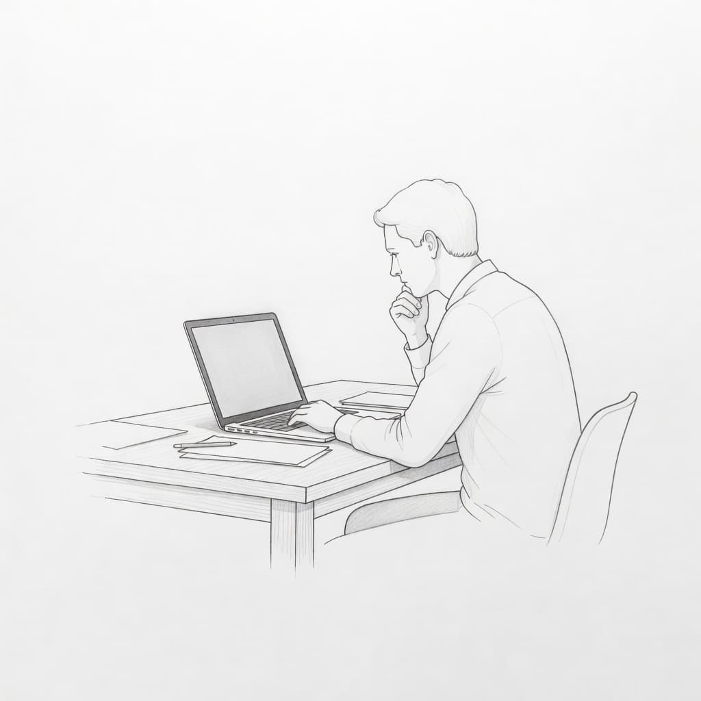 A graphite sketch showing an individual seated at a desk while viewing travel booking websites on an open laptop. The artistic shading highlights the focused posture and clean paper composition.