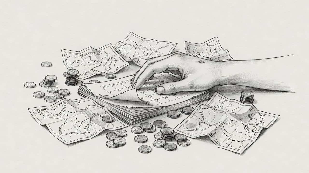 A detailed graphite drawing depicts a person studying a desk calendar surrounded by scattered coins, navigational maps, and various travel items. Soft shading defines the textures on the light paper background.