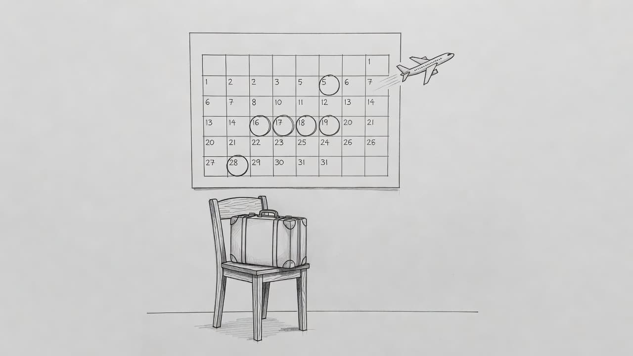 A detailed graphite drawing on light-gray paper features a wall calendar with circled dates, a small airplane symbol, and a simple suitcase resting on a wooden chair nearby. Fine linework captures travel planning.