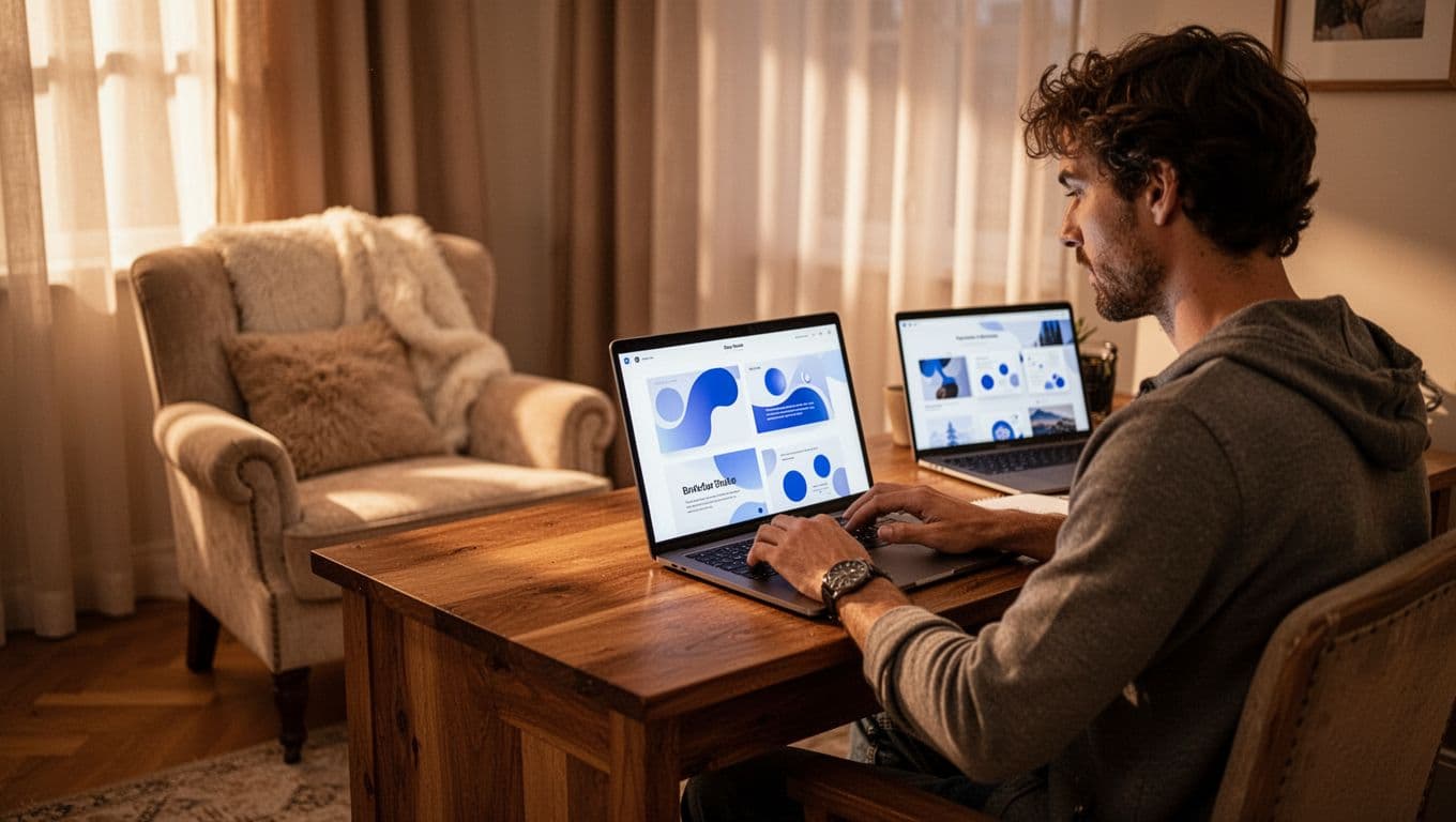 A traveler sits at a wooden desk under warm lighting, focusing on a laptop screen displaying multiple hotel comparison websites. Soft glow illuminates the cozy room, highlighting their organized travel research.