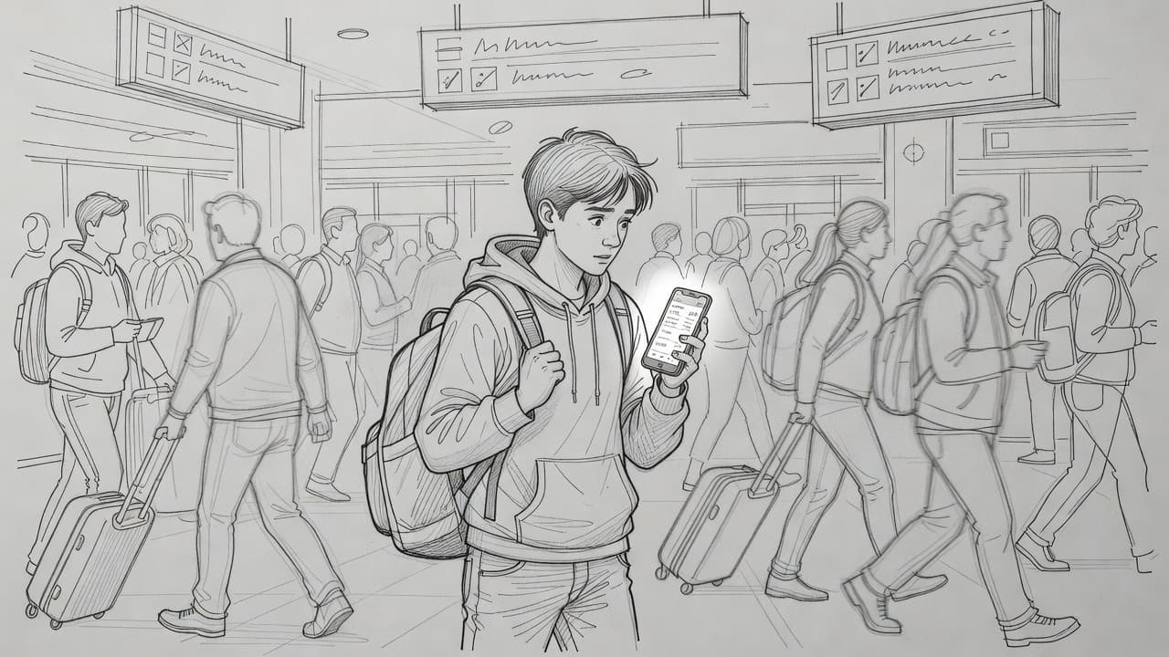 A graphite pencil sketch on gray paper depicts a traveler standing amidst a crowded terminal. They glance nervously at their phone screen, surrounded by chaotic lines and blurry architectural forms.