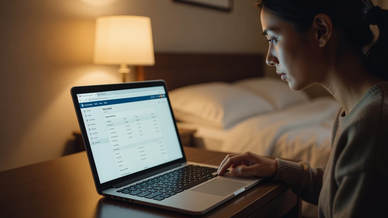 A focused traveler sits on a plush bed, illuminated by soft golden lamp light. They examine a glowing laptop screen to compare nightly hotel rates while planning their next vacation getaway.