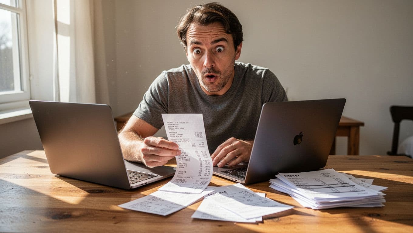 A traveler at a bright desk reviews a hotel bill and laptop side by side, with packing items nearby and a surprised expression that captures the moment hidden fees become obvious.