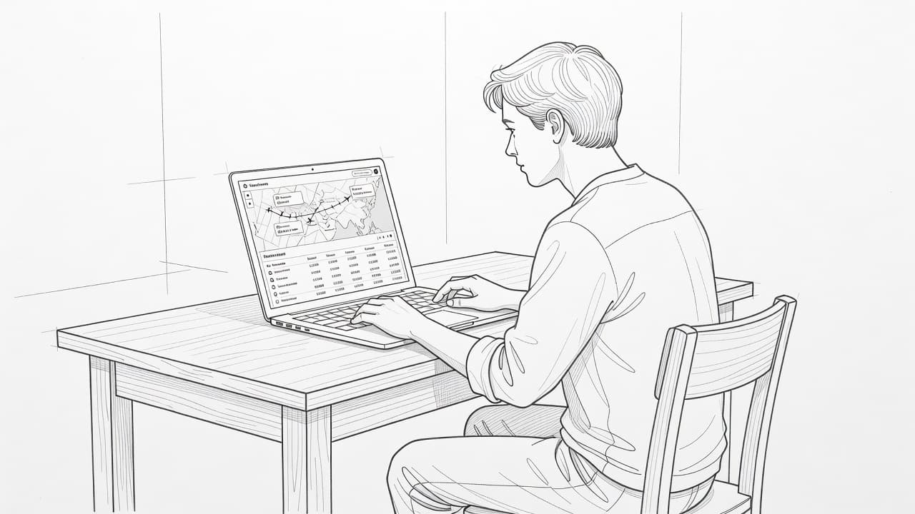 A detailed graphite sketch depicts a traveler seated at a wooden desk while reviewing digital maps and flight schedules on a laptop. The simple hand-drawn style emphasizes clean lines and paper.
