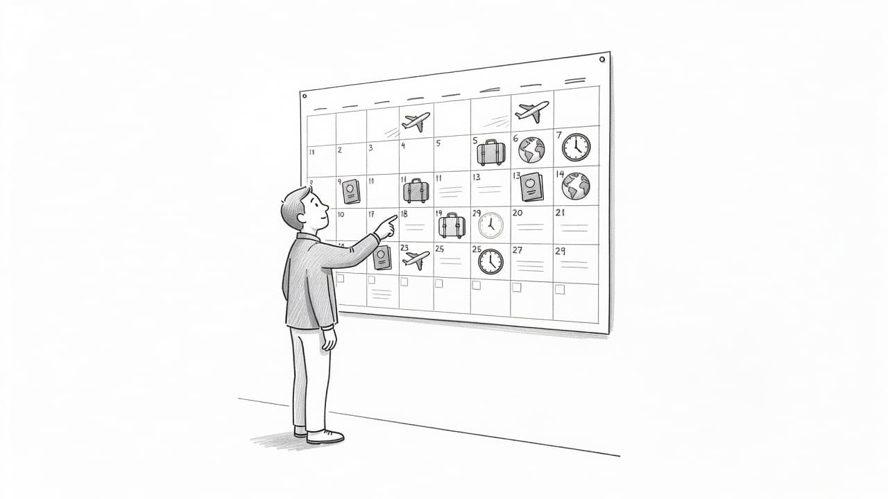 A detailed graphite sketch depicts a lone traveler intently examining a wall calendar covered in tiny airplane icons. The minimalist drawing captures the person in profile against a clean white background.