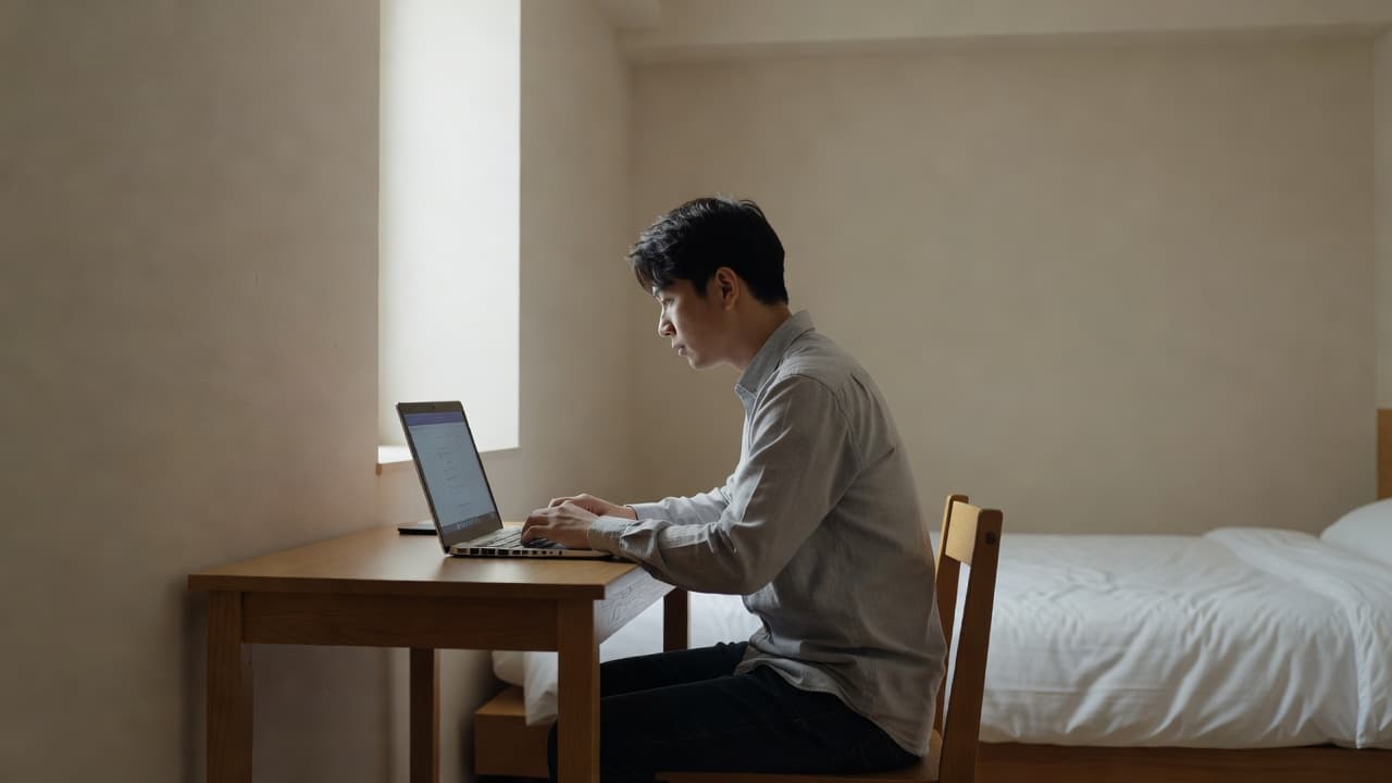 A side profile view shows a person sitting at a modest hotel desk while focusing on a laptop screen. The bright, tidy room creates a calm atmosphere for comparing travel bookings.
