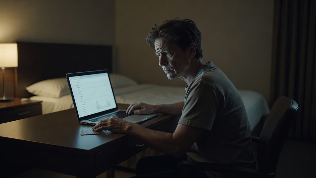 A frustrated traveler sits at a desk in a dimly lit hotel room while staring at a laptop. The person holds a credit card, highlighting the stress of managing unexpected travel expenses.