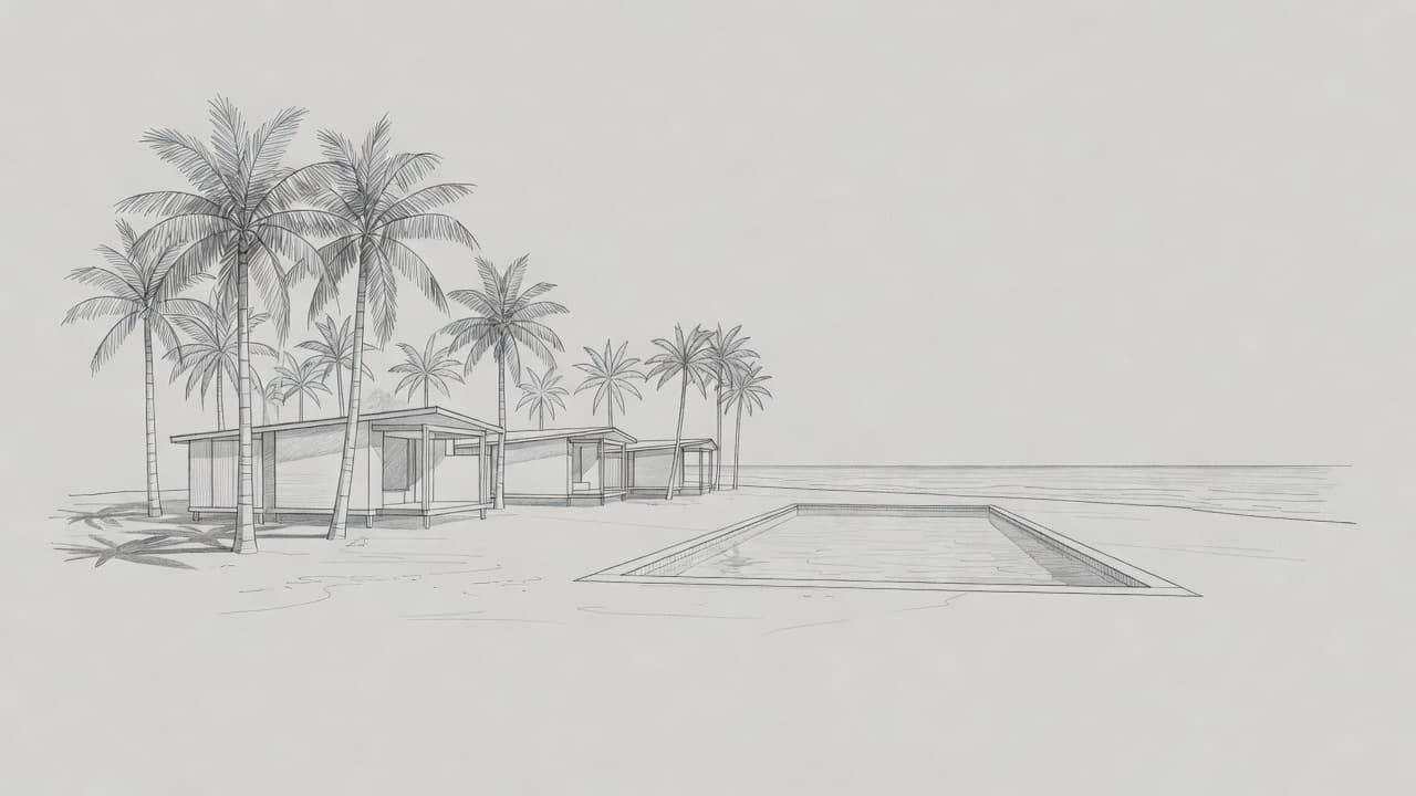 A minimalist graphite illustration depicts a peaceful beach resort featuring tall swaying palm trees and a calm swimming pool. Soft pencil shading defines the architecture against a light gray paper background.
