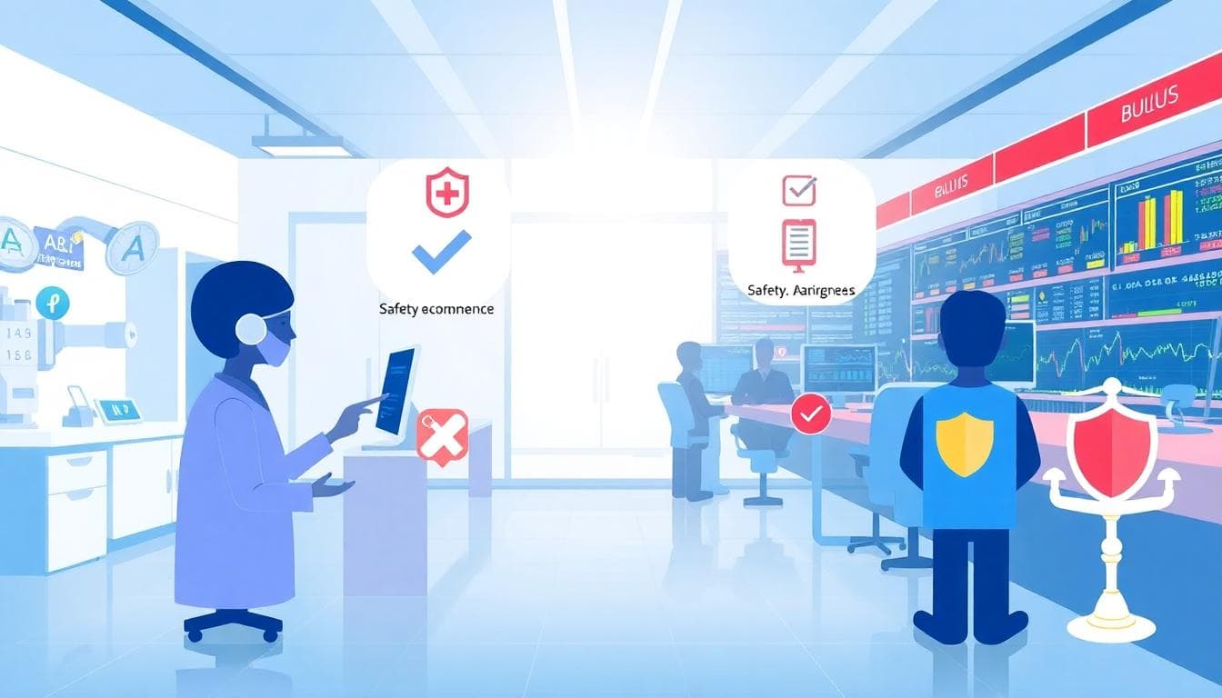 Infographic showing sector-specific AI oversight in UK health and finance with regulators overseeing safety, fairness, and accountability. Image created with AI.