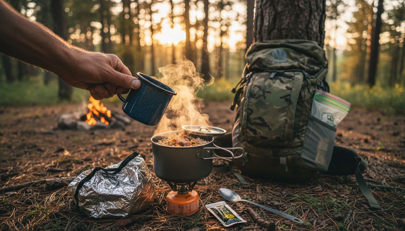 Ultralight backpacking meal cooking at dusk, titanium pot on tiny stove, steam rising, with reusable bags and food cozy nearby. Image created with AI.