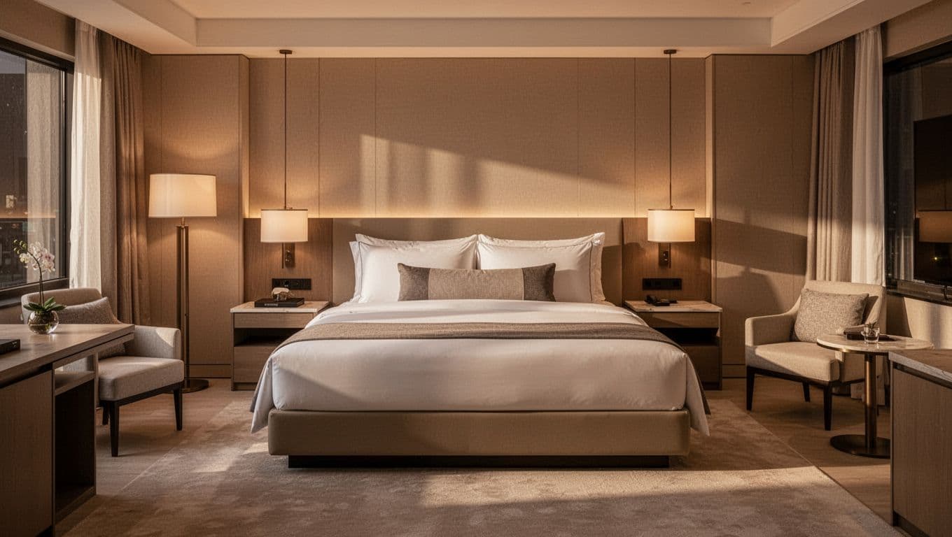 A warm and modern hotel room with a plush bed, soft lighting, and a calm neutral palette. The space feels polished and inviting without looking overdone.