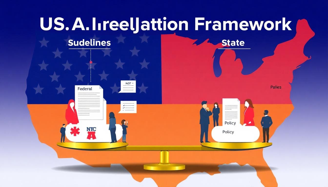 Balanced view of US AI oversight, with a scale showing federal guidance on one side and state laws on the other, a subtle US flag, and a map highlighting active states like California. Image created with AI.