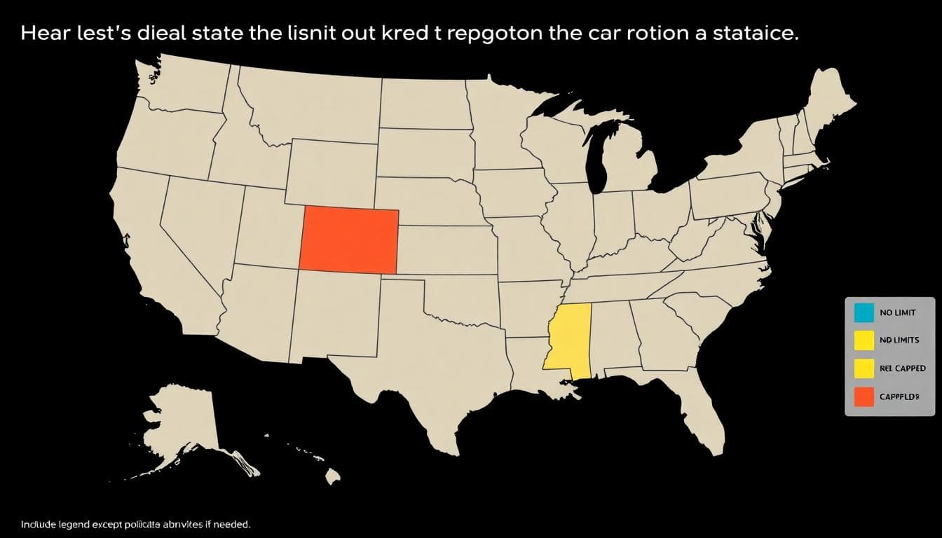 Map of the United States color-coded to show where dealer markup may be capped, disclosed, or uncapped. Legend shows green for no caps, yellow for disclosure rules, and red for capped markups.