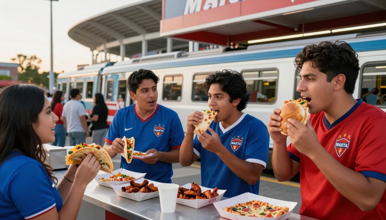 Soccer fans in team jerseys grabbing handheld tacos, wings, burgers, and pizza slices from a quick food stand near a modern stadium on a sunny game day afternoon, with MARTA train in the background.