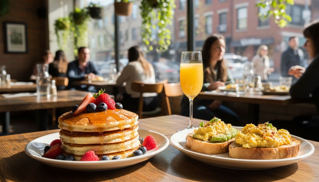 A sunny brunch spread with pancakes, avocado toast, eggs, and a mimosa by a window looking onto Milwaukee Avenue in Wicker Park, Chicago. Image created with AI.