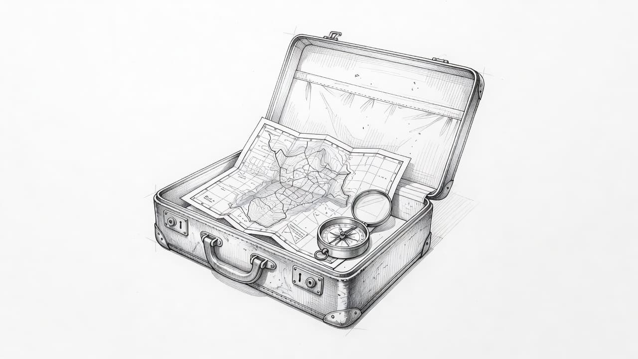 A graphite line drawing depicts an open antique suitcase resting on a clean surface. Inside the case, a detailed map and a vintage magnetic compass are neatly arranged for a trip.