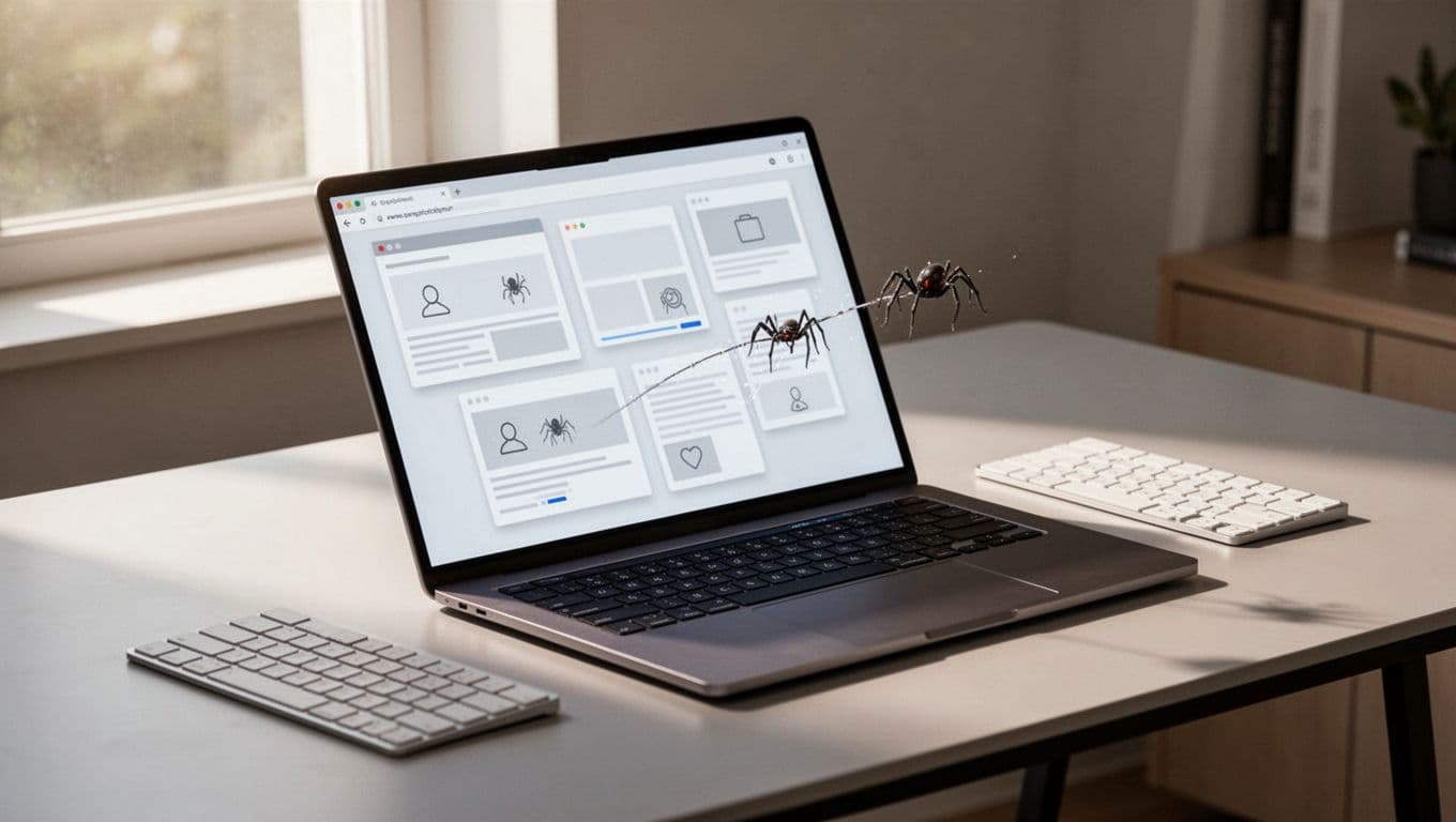 Computer screen angled on desk shows multiple open browser tabs with spider-like web crawler bot over links, keyboard nearby.