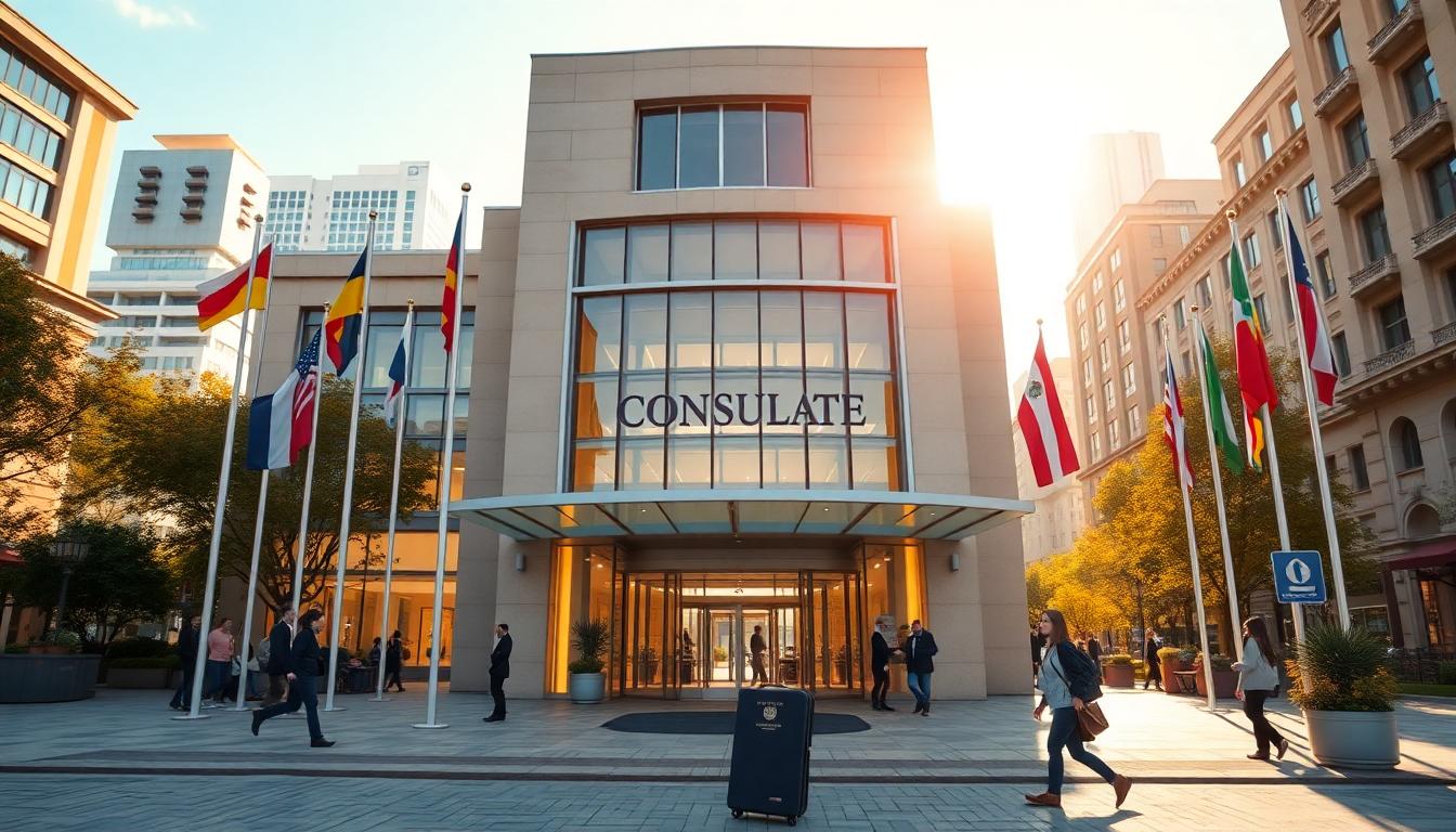 A bright, welcoming consulate building in the heart of a busy city with travelers and locals approaching the entrance. Flags from several countries line the front, and a person with a passport in hand heads inside. The building signals approachability and official support. Image created with AI.